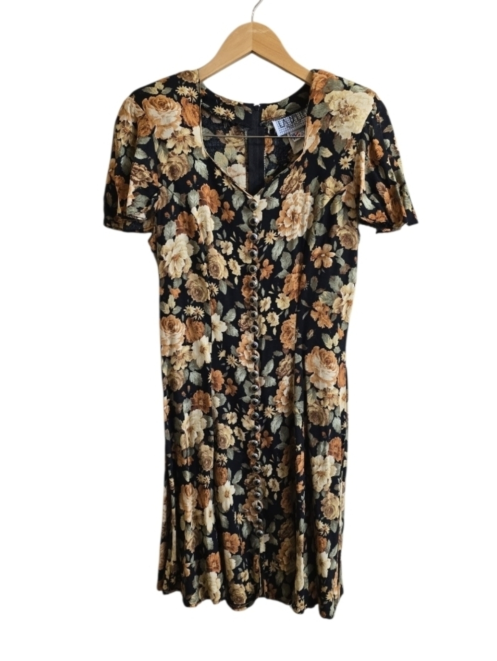 VTG La Belle Y2K Floral Fit & Flare Button Shoulder Pad Mini Dress. Est Small
